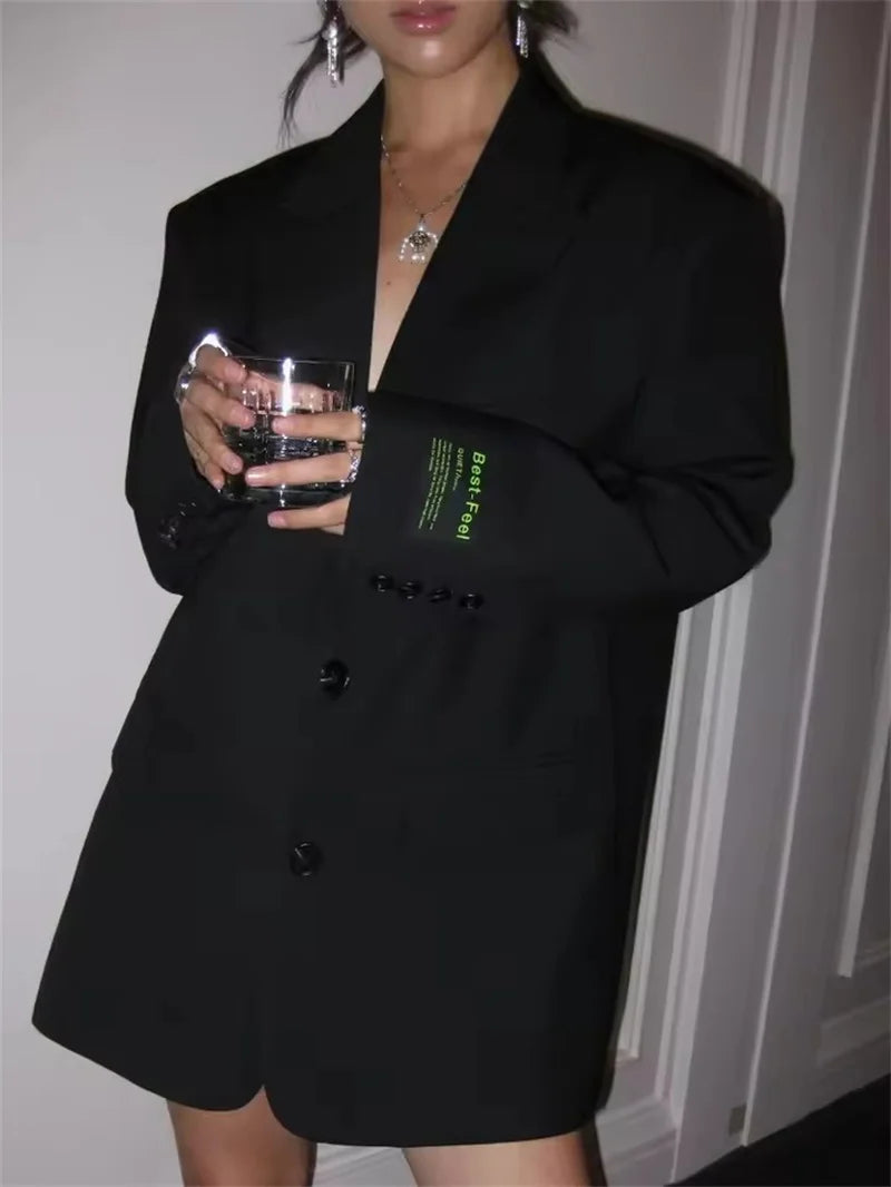 Women Suit Jacket Black Gary Blazer Wide Shoulder Notched Collar