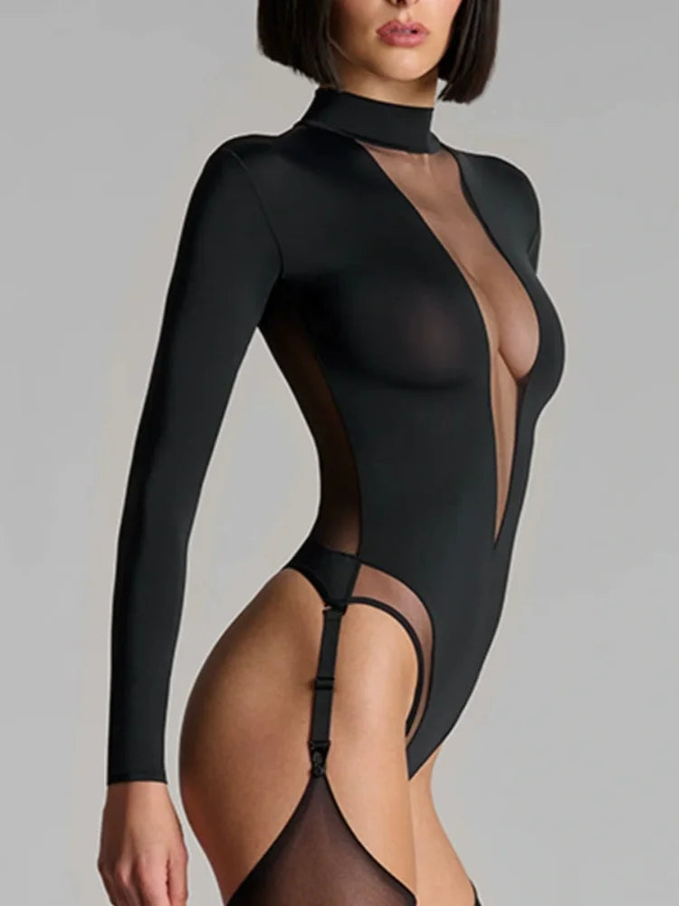 sexy spicy girl lace solid color long sleeved bodysuit