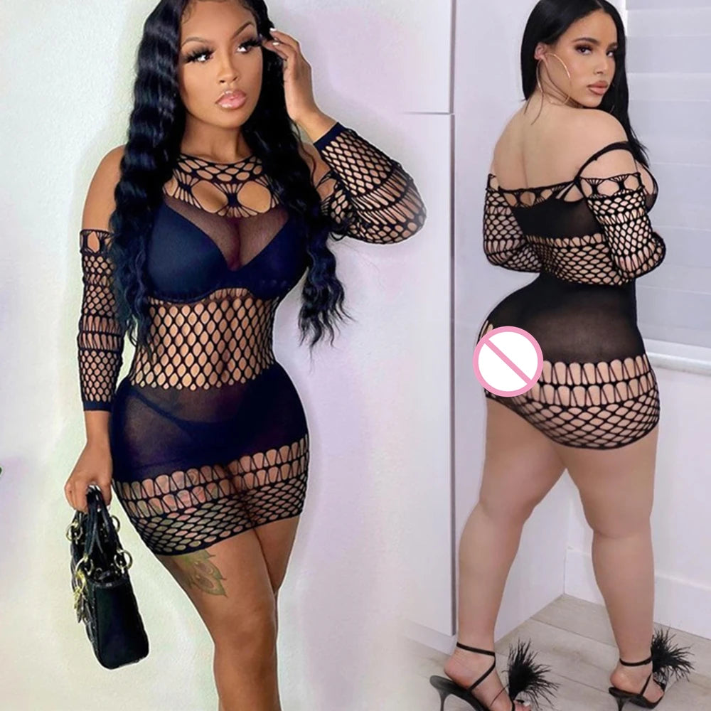 Sexy Off Shoulder Women Dresses Night Club Lace Fishnet Dress