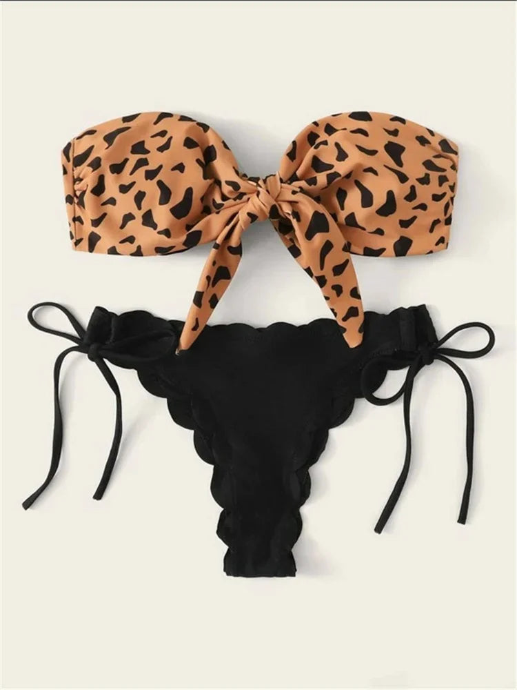 Sexy Front Lace Up Tie Bandeau Leopard Push Up Ruffled Bow Bathing Suit