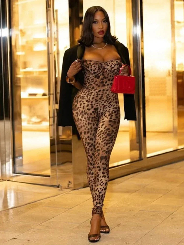 Sexy Jumpsuit Women Sleeveless Leopard Print