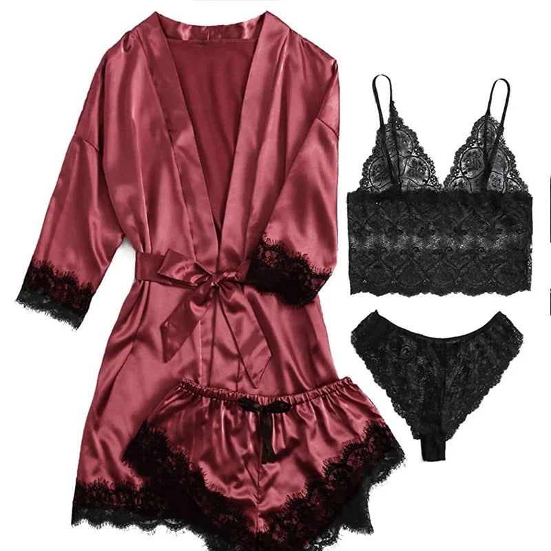 Women's Sexy Pajamas Lingerie Shorts 4-piece Lace Camisole Pajama Set