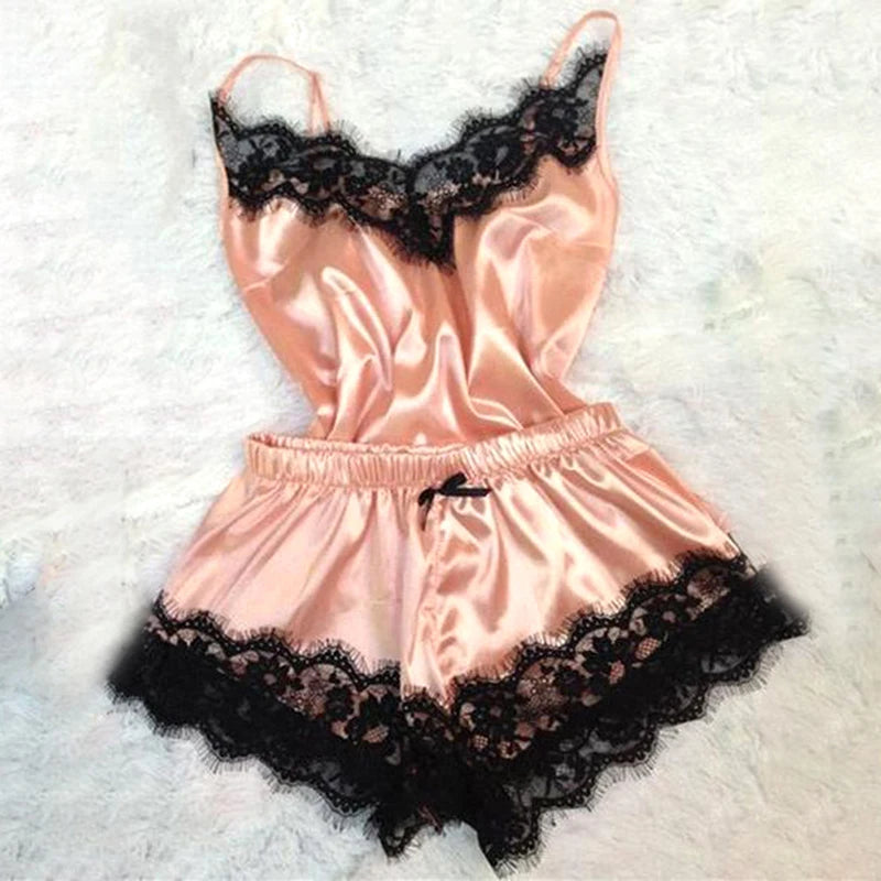 Lace Trim Satin Cami Top Pajama Sets Sexy