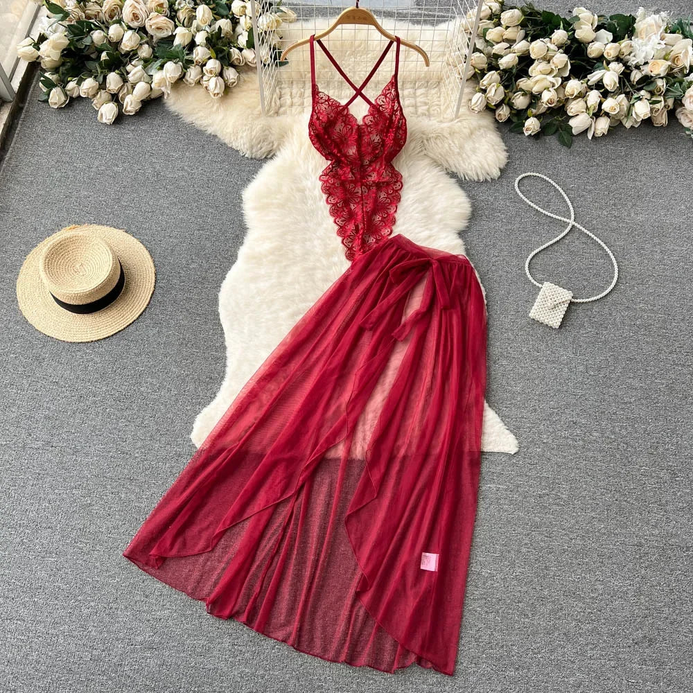 Sexy Lace Strap Jumpsuit Slim Fit Transparent Erotic Lingerie Catsuit