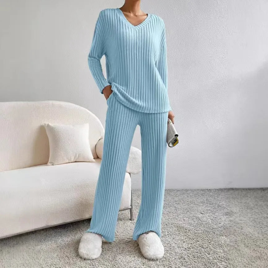 Knitted Two-Piece Set Casual V-Neck Long Pants Loose Fit
