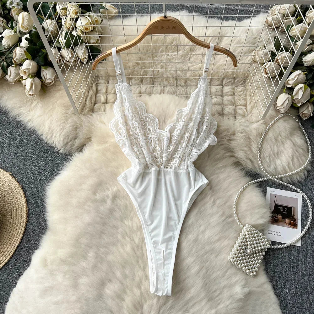 Sexy Lace Strap Jumpsuit Slim Fit Transparent Erotic Lingerie Catsuit
