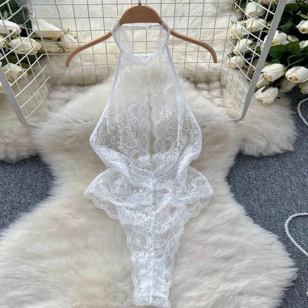 Sexy Lace Strap Jumpsuit Slim Fit Transparent Erotic Lingerie Catsuit