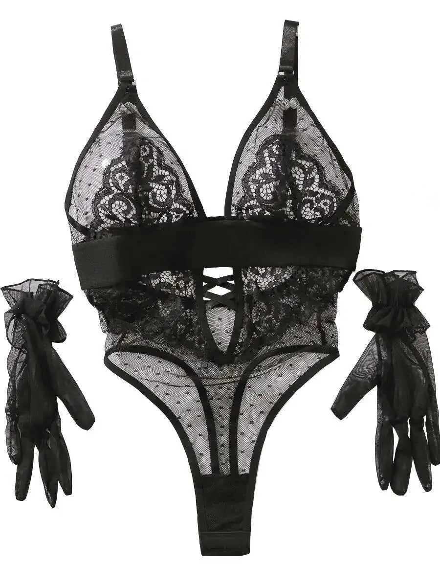 Sexy Bodysuits Polka Dot Mesh Flower Embroidery Lace Gloves