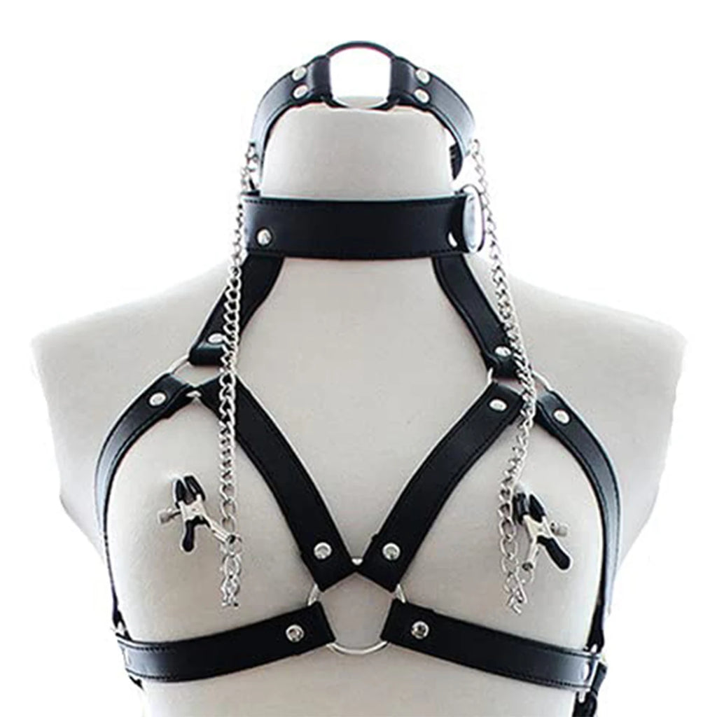 PU Leather Bondage Choker Collar with Nipple Clamp Neck Restraint