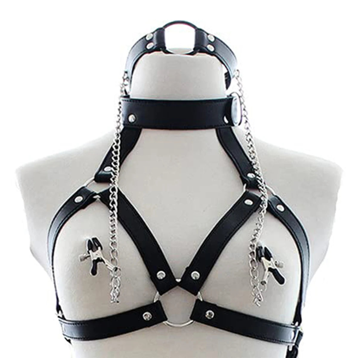 PU Leather Bondage Choker Collar with Nipple Clamp Neck Restraint