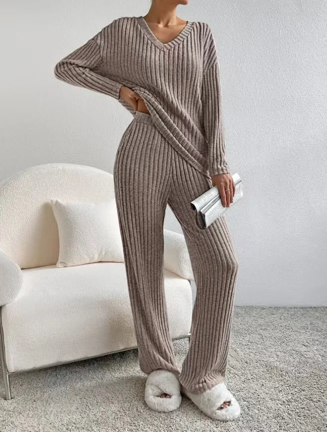 Knitted Two-Piece Set Casual V-Neck Long Pants Loose Fit