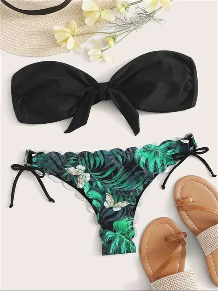 Sexy Front Lace Up Tie Bandeau Leopard Push Up Ruffled Bow Bathing Suit