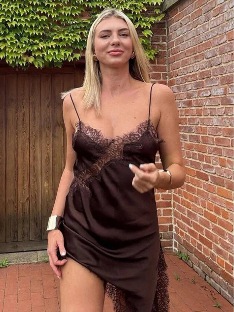 Satin Sexy Lace Spliced Short Sling Dress Asymmetrical  ﻿