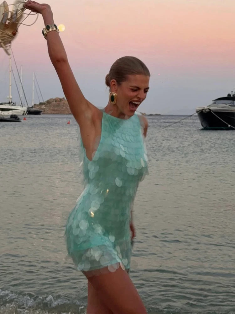Fashion Sequin Mini Dress Sleeveless Backless Waist-cinching
