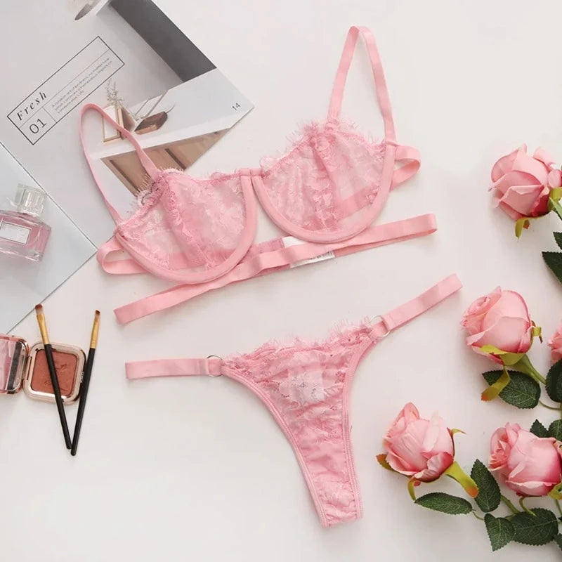 Lace Transparent Underwear Fairy Embroidery Brief Sets Delicate Bra Set