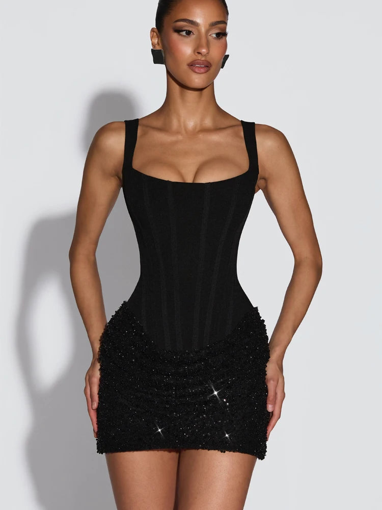 Sexy Sequin Sling Mini Dress Chic Off-shoulder Backless Waist Cinching