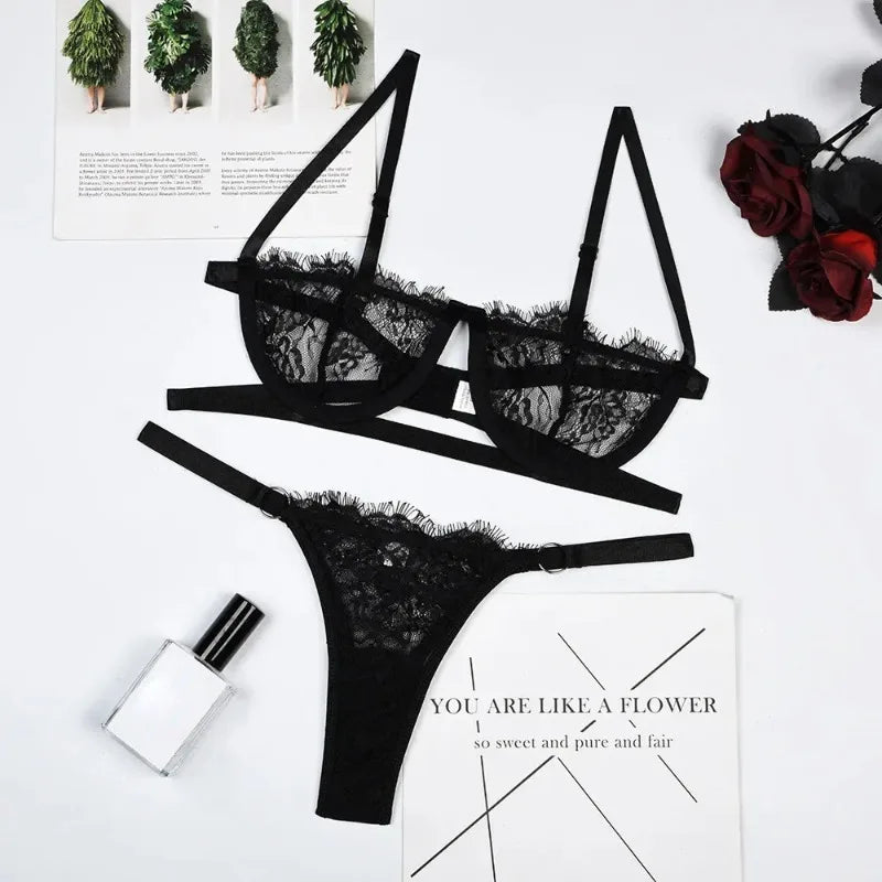 Lace Transparent Underwear Fairy Embroidery Brief Sets Delicate Bra Set