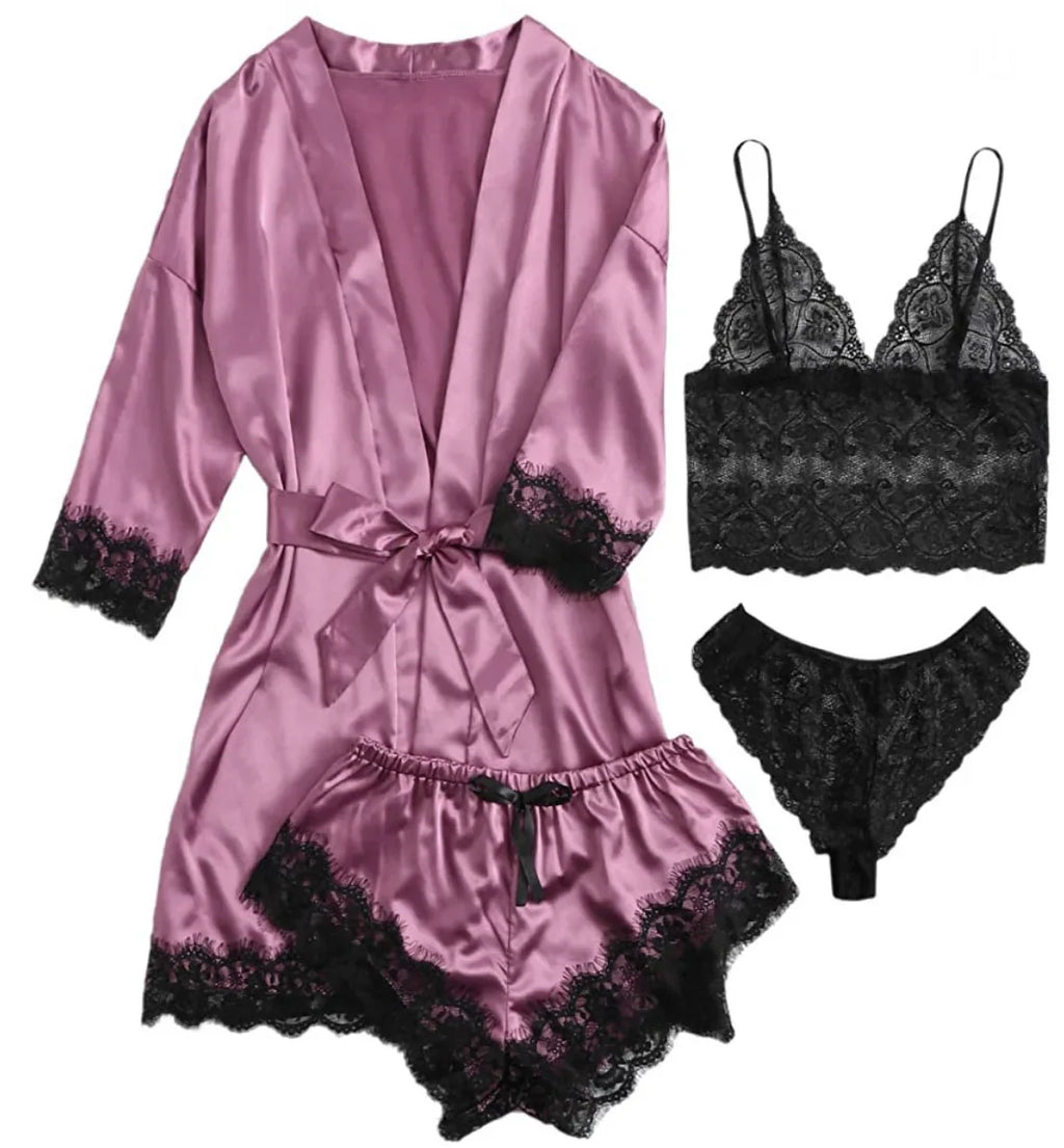 Women's Sexy Pajamas Lingerie Shorts 4-piece Lace Camisole Pajama Set