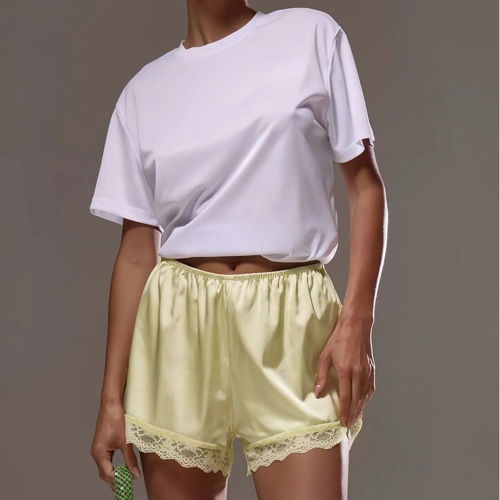 Lounge Shorts Elastic Waist Lace Patchwork Loose Pajamas