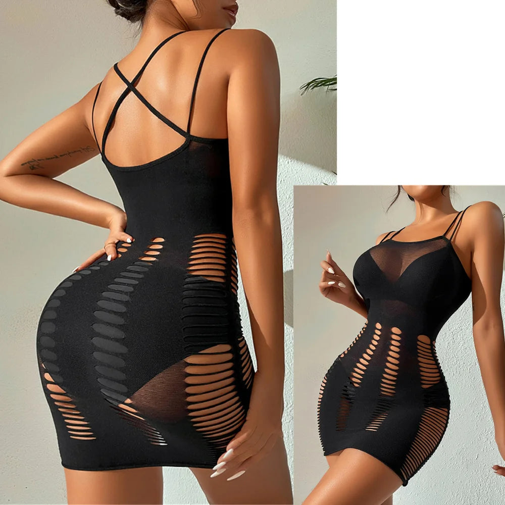 Sexy Off Shoulder Women Dresses Night Club Lace Fishnet Dress