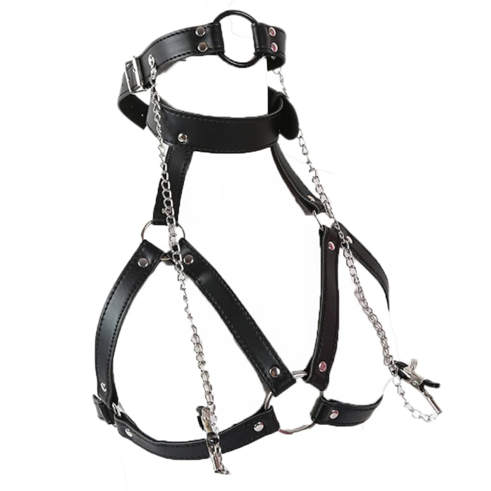 PU Leather Bondage Choker Collar with Nipple Clamp Neck Restraint