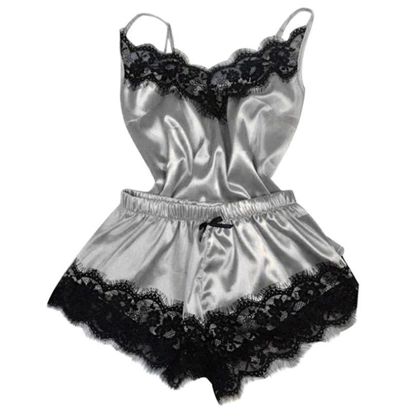 Lace Trim Satin Cami Top Pajama Sets Sexy