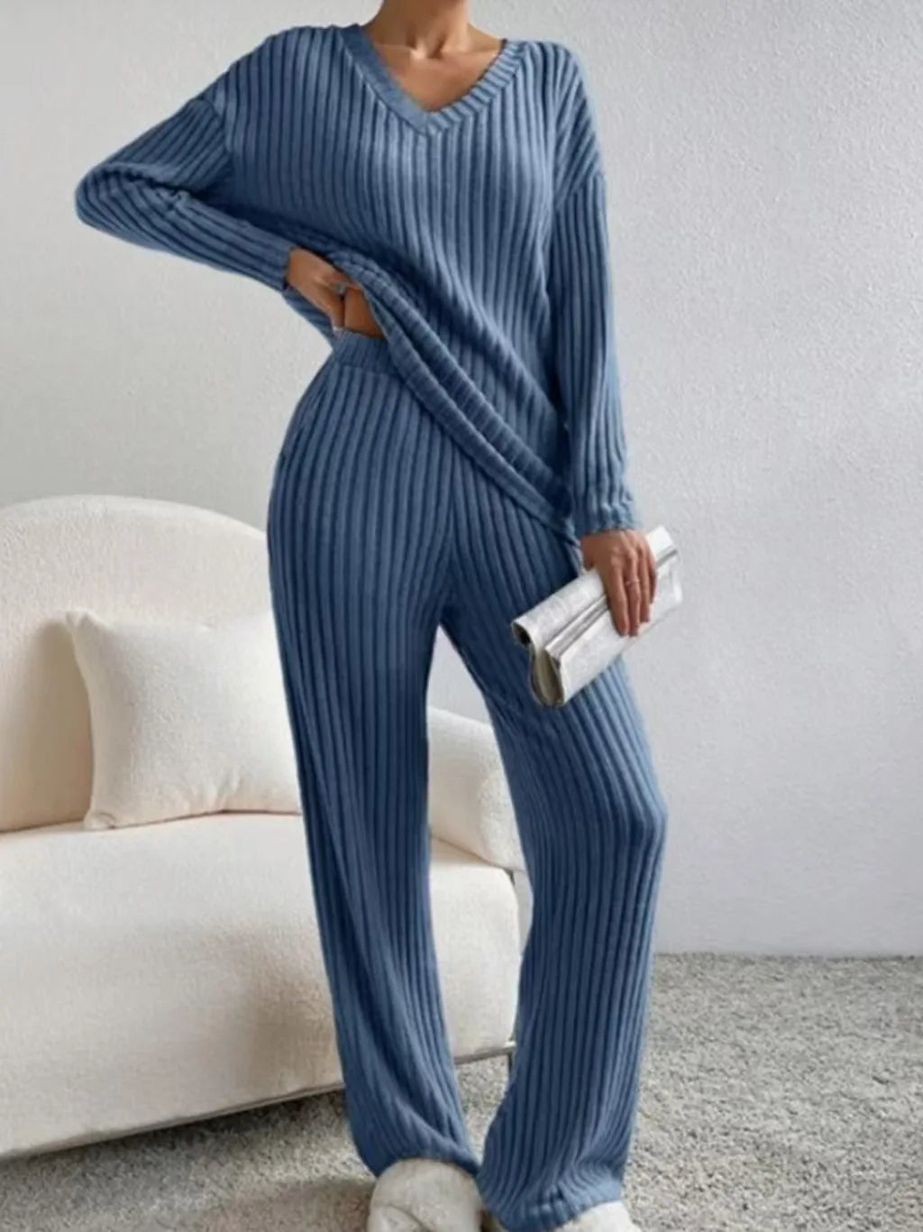 Knitted Two-Piece Set Casual V-Neck Long Pants Loose Fit
