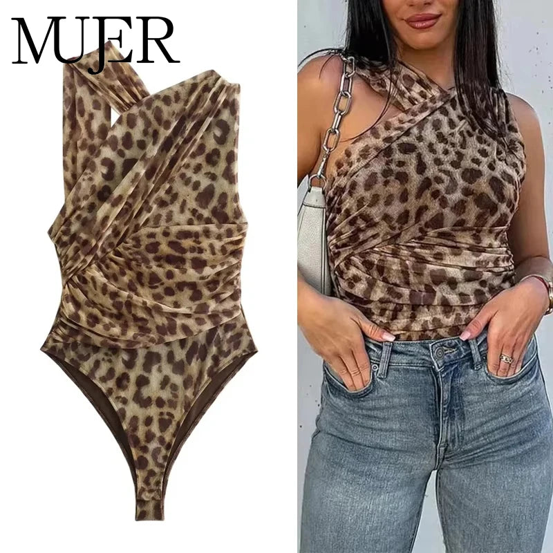 Leopard Print Mesh Bodysuit Women Off Shoulder Tight Bodysuit