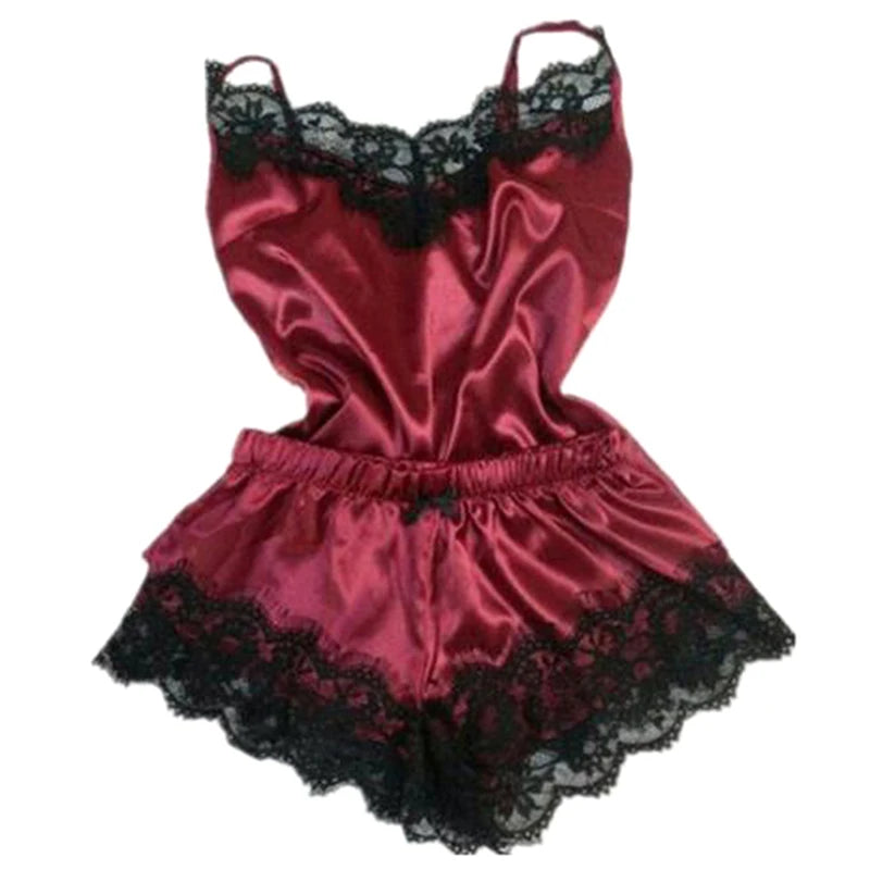 Lace Trim Satin Cami Top Pajama Sets Sexy