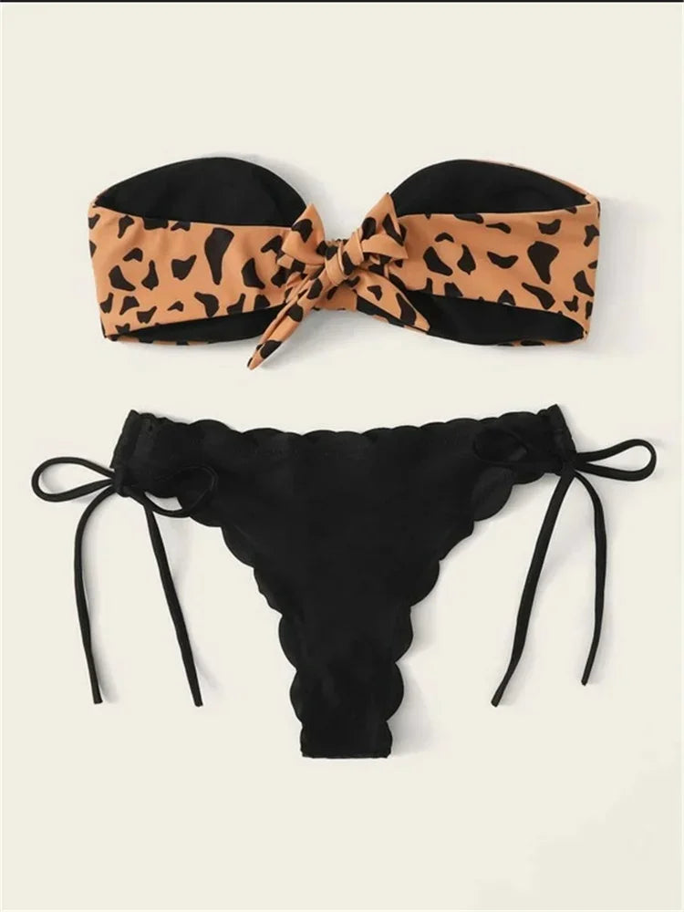 Sexy Front Lace Up Tie Bandeau Leopard Push Up Ruffled Bow Bathing Suit