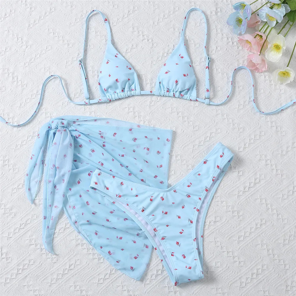 Yellow Floral Print Swimwear Mesh Cove Ups 3 Piece Bikini Set