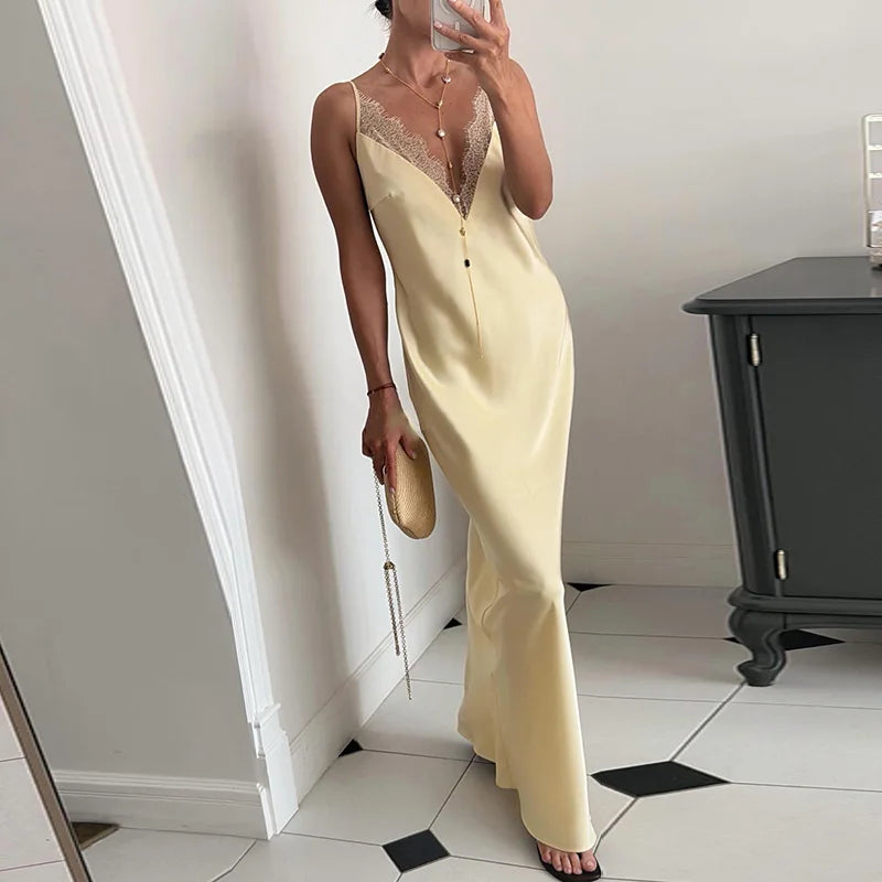 Elegant Lace Satin Spliced Women's Dress