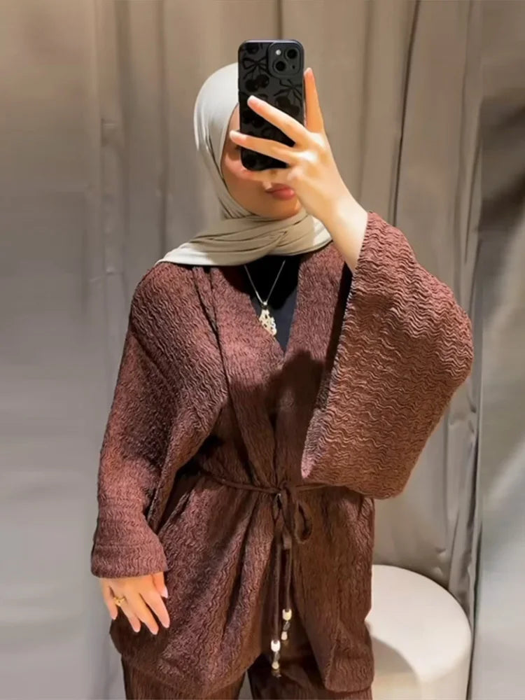 Tie Front Textured Women Set V-Neck Loose Set Wide Sleeve Drawstring Pants