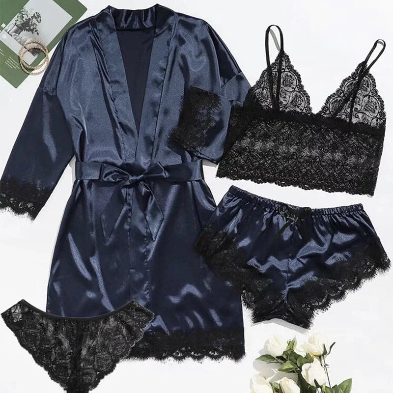 Women's Sexy Pajamas Lingerie Shorts 4-piece Lace Camisole Pajama Set