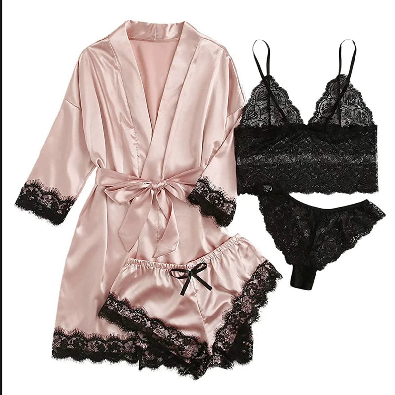 Women's Sexy Pajamas Lingerie Shorts 4-piece Lace Camisole Pajama Set