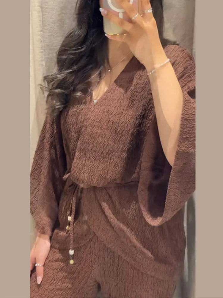 Tie Front Textured Women Set V-Neck Loose Set Wide Sleeve Drawstring Pants