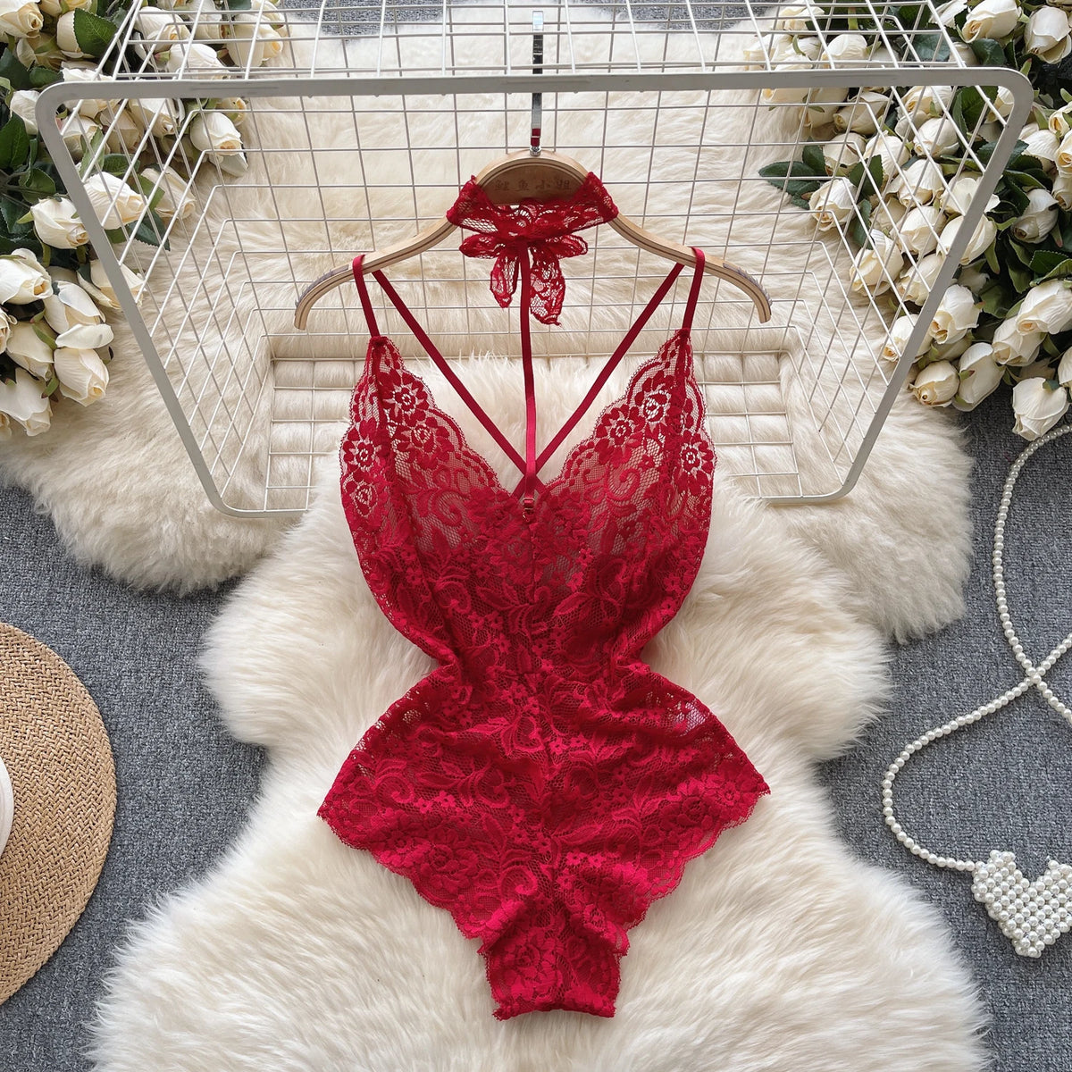 Sexy Lace Strap Jumpsuit Slim Fit Transparent Erotic Lingerie Catsuit