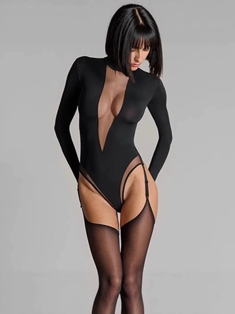 sexy spicy girl lace solid color long sleeved bodysuit