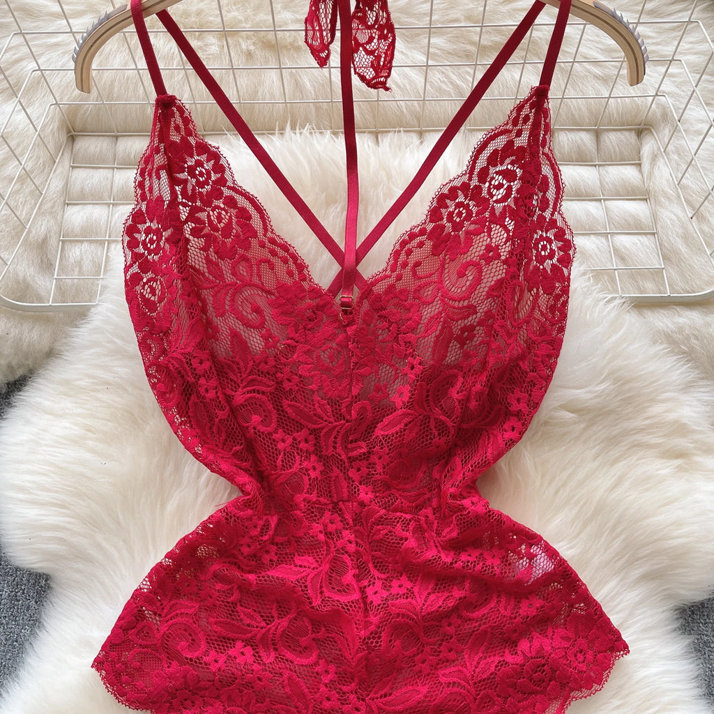 Sexy Lace Strap Jumpsuit Slim Fit Transparent Erotic Lingerie Catsuit