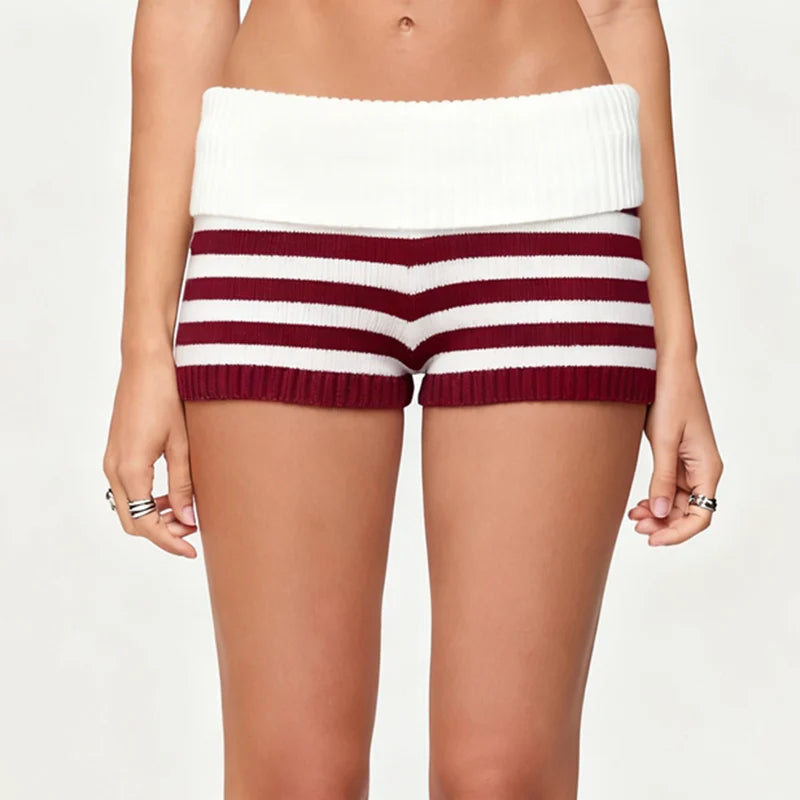 Women Striped Knitted Micro Shorts Folds Over Low Waist