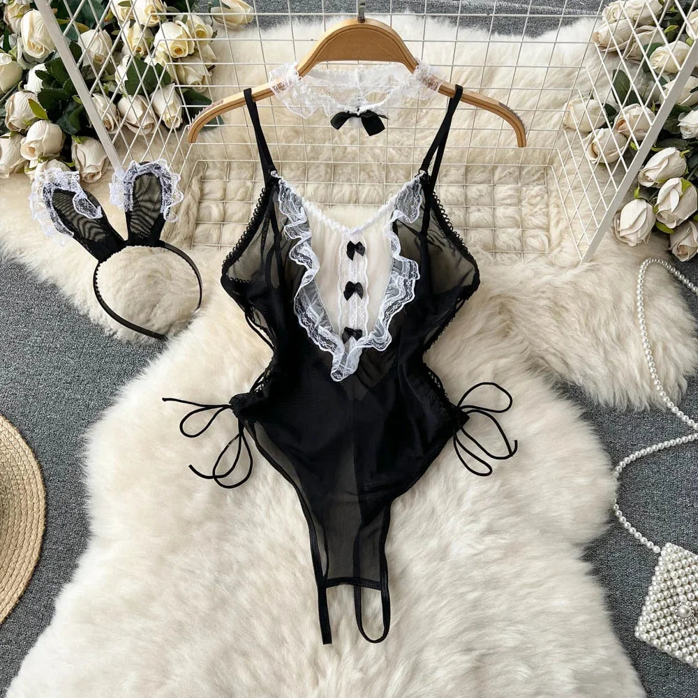 Sexy Lace Strap Jumpsuit Slim Fit Transparent Erotic Lingerie Catsuit