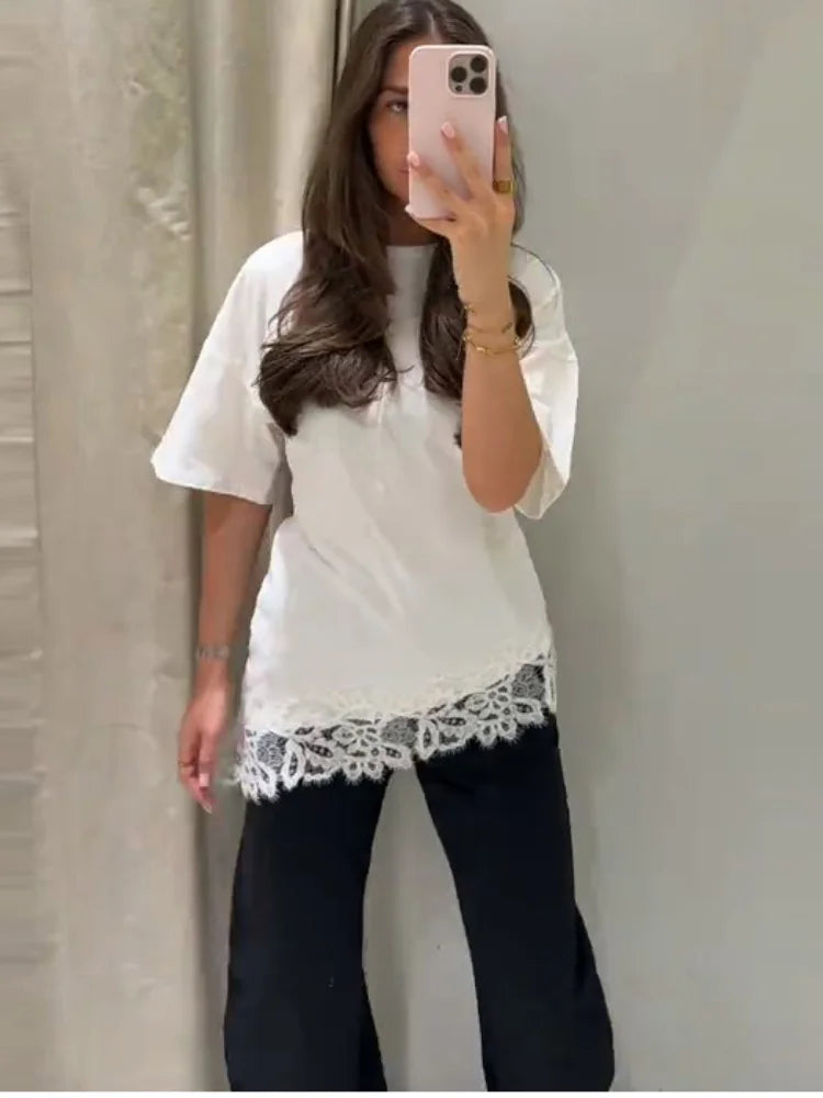 Satin Lace Top Women Casual Loose Long Sleeves