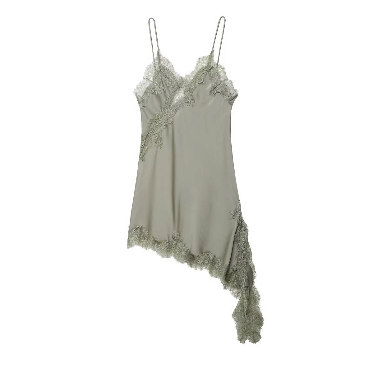 Satin Sexy Lace Spliced Short Sling Dress Asymmetrical  ﻿