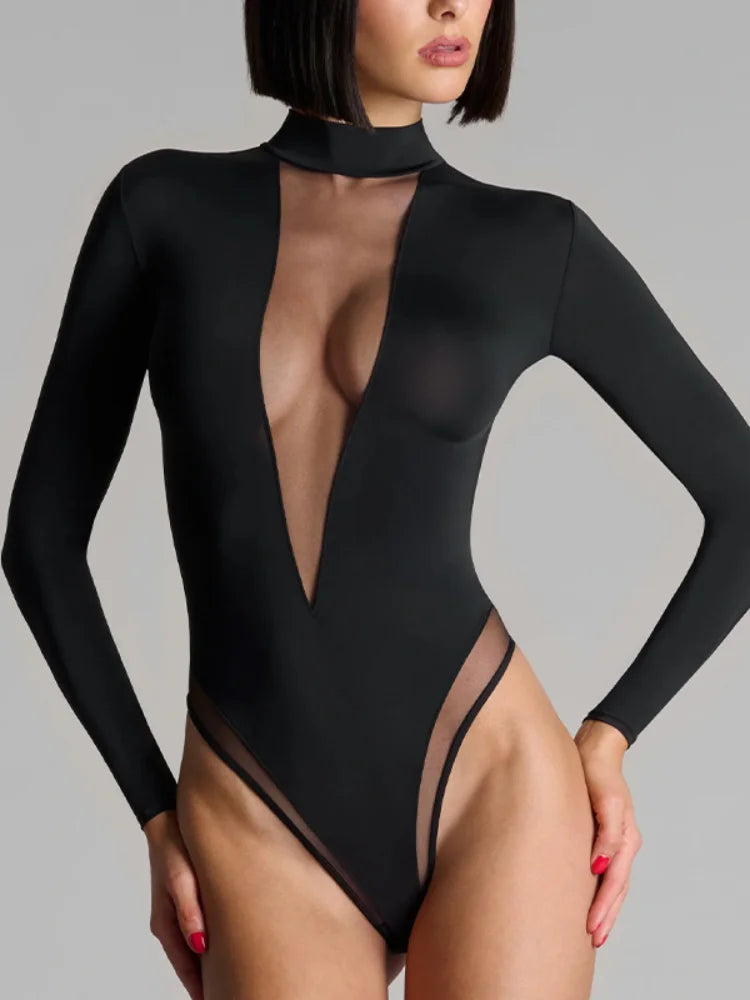 sexy spicy girl lace solid color long sleeved bodysuit