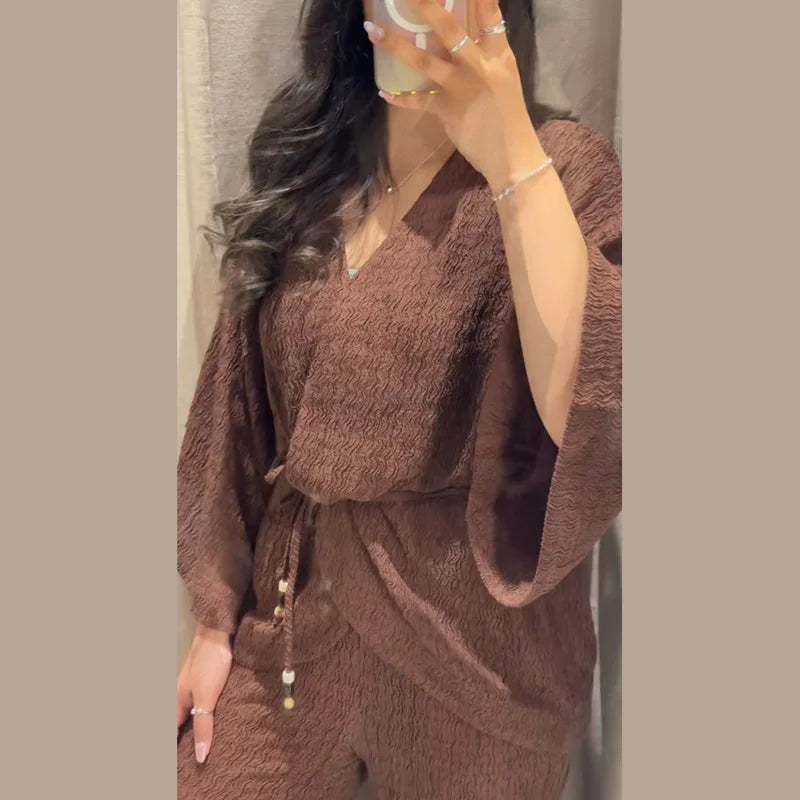 Tie Front Textured Women Set V-Neck Loose Set Wide Sleeve Drawstring Pants