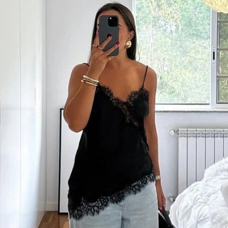 Asymmetrical Slip Top Women Tanks & Camis Lace Black Off Shoulder Backless