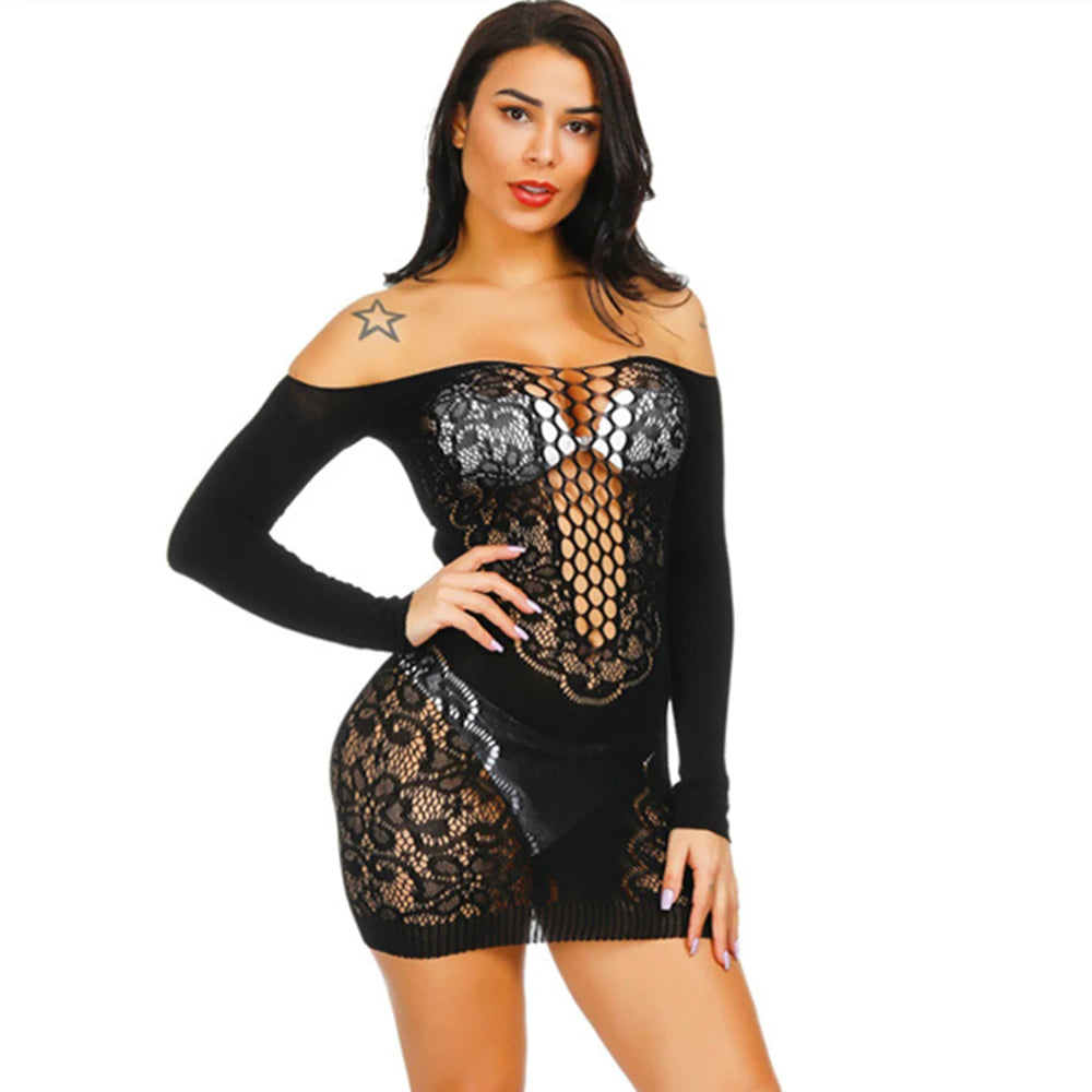 Sexy Off Shoulder Women Dresses Night Club Lace Fishnet Dress