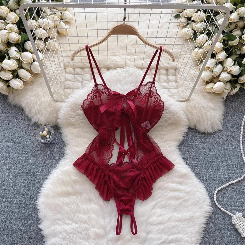 Sexy Lace Strap Jumpsuit Slim Fit Transparent Erotic Lingerie Catsuit
