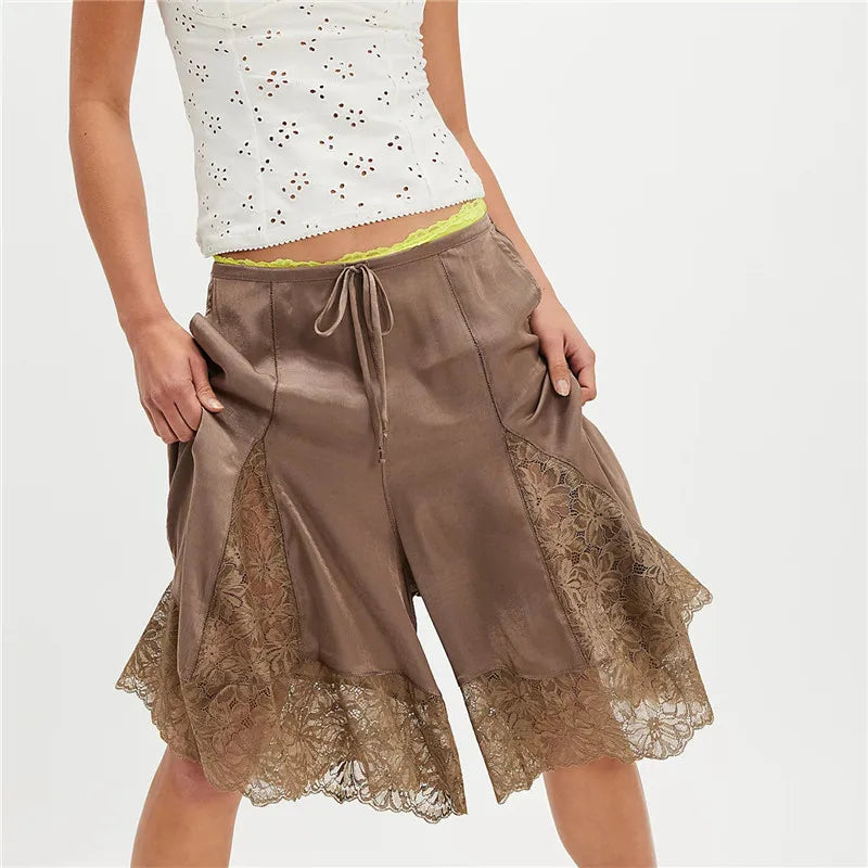 Women Lace Trim Shorts  Satin Low Rise Half Slip Pajamas Cute Bow Pants