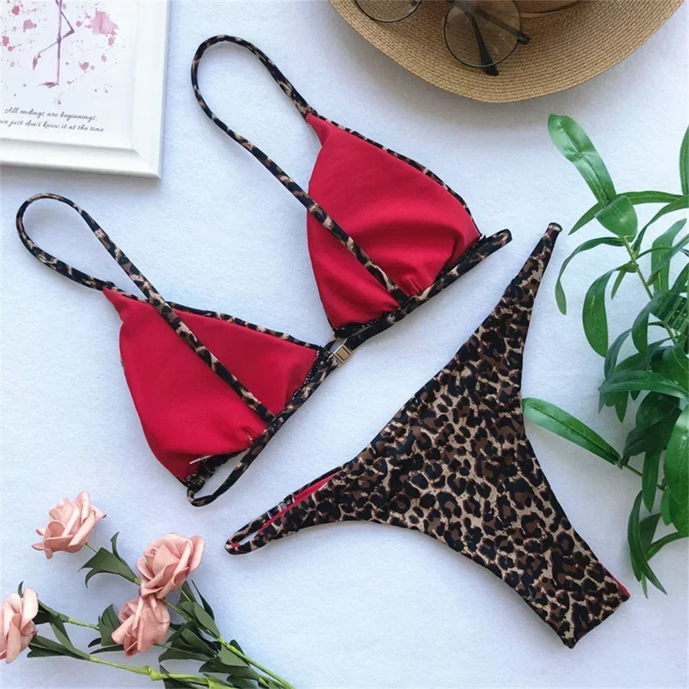 Sexy String Bikini Leopard Print Triangle Thong Brazilian Beach Bathing Suit
